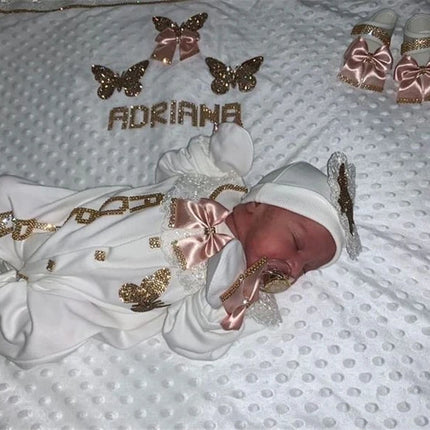 Dollbling Hospital Exit 5pcs Embroidery Name Newborn Angle Wings Romper Blanket  Nursery Bedding Swaddle Handmade Infant Outfit