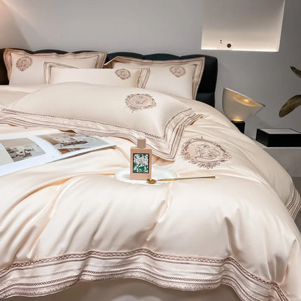 Stripe Embroidery Bedding Sets Luxury Egyptian Cotton Duvet Cover Fitted Bed Sheet Pillowcases Solid Color Mattress Cover