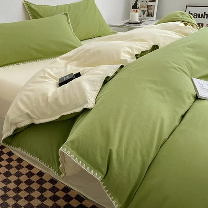 Ins Style Double Striped Bed 3-4 Pces Solid Washed Cotton Bedding with Sheets Pillowcases Skin Friendly Breathable Duvet Cover