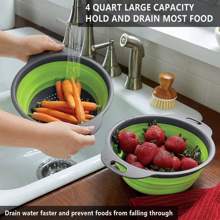 Silicone Round Folding Vegetable Fruits Washing Drain Basket Collapsible Colander Strainer Basket Kitchen Gadgets