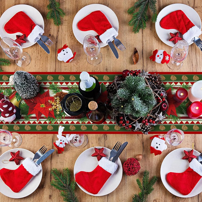Christmas Poinsettia Pine Needles Linen Table Runner Dresser Scarf Decor Winter Xmas Kitchen Table Runner Christmas Decorations