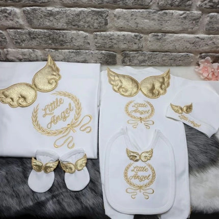 Dollbling Hospital Exit 5pcs Embroidery Name Newborn Angle Wings Romper Blanket  Nursery Bedding Swaddle Handmade Infant Outfit