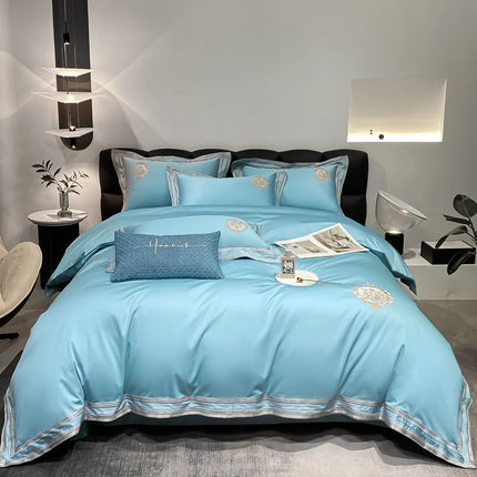 Stripe Embroidery Bedding Sets Luxury Egyptian Cotton Duvet Cover Fitted Bed Sheet Pillowcases Solid Color Mattress Cover