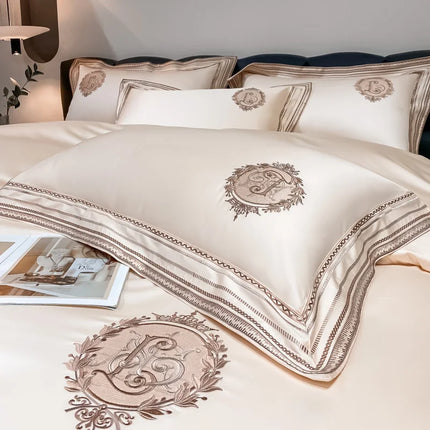 Stripe Embroidery Bedding Sets Luxury Egyptian Cotton Duvet Cover Fitted Bed Sheet Pillowcases Solid Color Mattress Cover