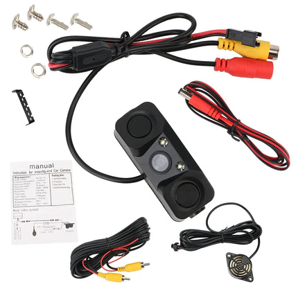 Car 3 In 1 Rear View Camera Parking Sensor Radar Set License Plate Lights Distance Control Parktronic System Universal