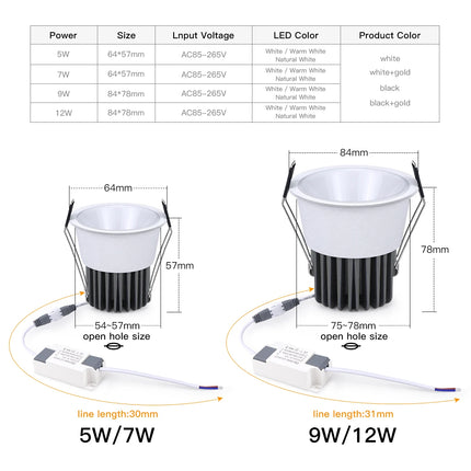 AC85-265V COB Bulb spot led plafond encastrable LED Downlight Aluminum Ceiling Lamp Corridor Kitchen Home Decoration