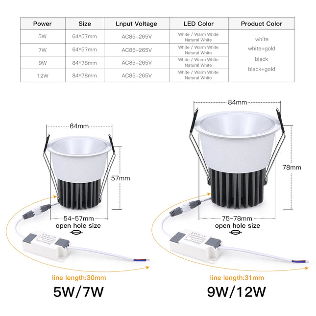 AC85-265V COB Bulb spot led plafond encastrable LED Downlight Aluminum Ceiling Lamp Corridor Kitchen Home Decoration