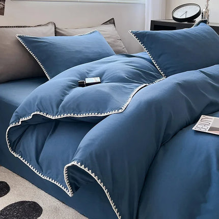 Ins Style Double Striped Bed 3-4 Pces Solid Washed Cotton Bedding with Sheets Pillowcases Skin Friendly Breathable Duvet Cover