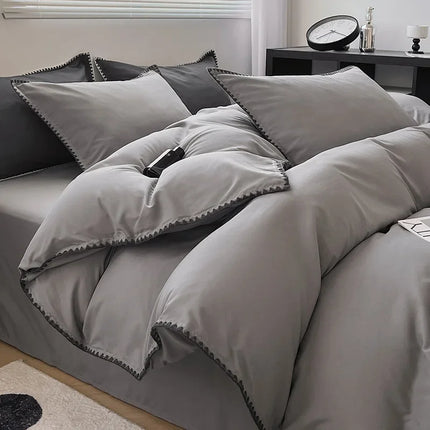 Ins Style Double Striped Bed 3-4 Pces Solid Washed Cotton Bedding with Sheets Pillowcases Skin Friendly Breathable Duvet Cover