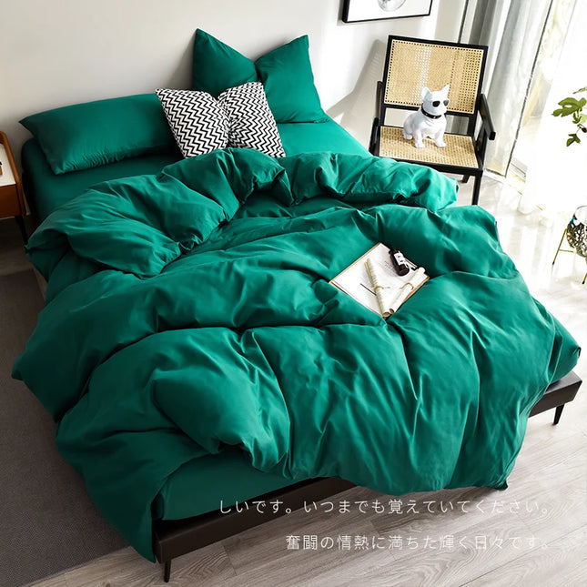 Bed Linen Bedding set Washed Cotton Four-Piece Bed Sheets Set Solid Color Green Simple Bed Quilt Cover Comforter Cover Duvet