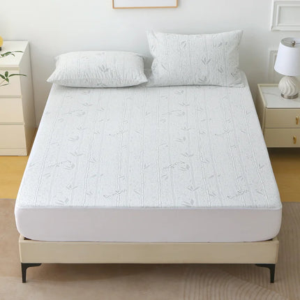 1Pc Cooling Bamboo Fiber Mattress Protector -Waterproof & Ultra-Soft Knit, Breathable Fitted Sheet with Blue Leaf Design