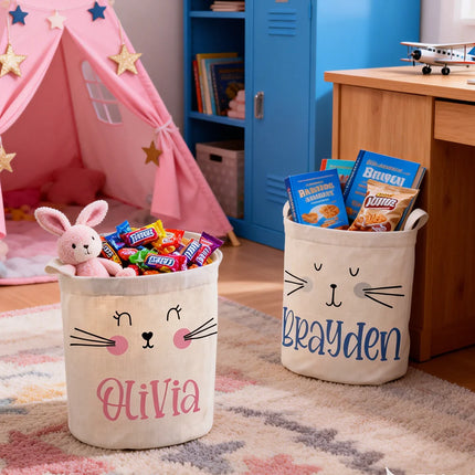 Personalized Easter Basket with Bunny Ears Custom Name Easter Gift Basket for Kids Easter Egg Hunt Storage Home Party Decoration