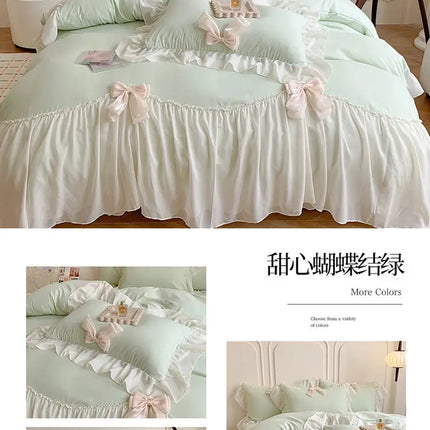 French Princess Style Bedding Sets Ruffle Lace Bow Quilt Cover Romantic Bedclothes Decor Woman Girls Bedroom Duvet Cover 4pcs