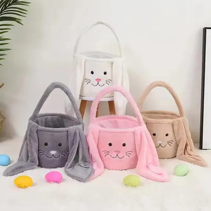 Cesta longa de orelha de coelho de pelúcia de páscoa com alça, balde de armazenamento de brinquedos de doces de pelúcia macia