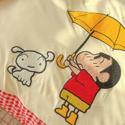 Cartoon embroidery Bedding set Plaid Duvet cover 100% Washed cotton 4pcs Bedding for Winter with Sheet Pillowcases Home Textiles