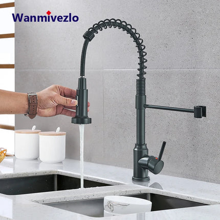 Black Spring Pull Down Kitchen Faucets Stream Spray Head Hot Cold Water Tap Stainless steel Rotation Kitchen Mixer Tap Crane