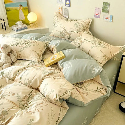 Cream Floral Bedding Set No Filler Breathable Green Ins Double Queen Size Comforter Duvet Cover Flat Sheet Pillowcase Bed Linens
