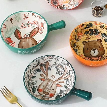 Ceramic Bakeware With Handle Forest Animals Baking Pan  Underglaze  Kitchen Tableware Salad Bowl Au Gratin Dishes