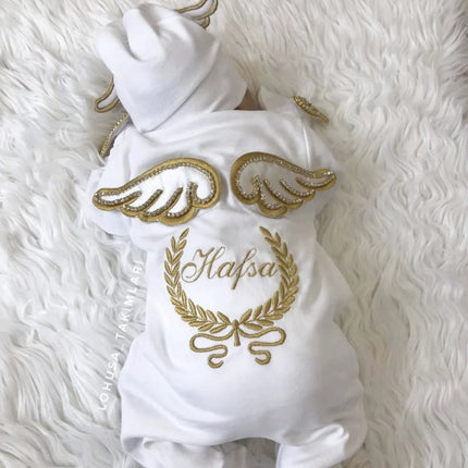 Dollbling Hospital Exit 5pcs Embroidery Name Newborn Angle Wings Romper Blanket  Nursery Bedding Swaddle Handmade Infant Outfit