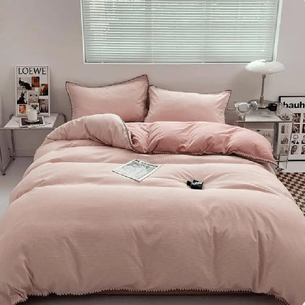Ins Style Double Striped Bed 3-4 Pces Solid Washed Cotton Bedding with Sheets Pillowcases Skin Friendly Breathable Duvet Cover