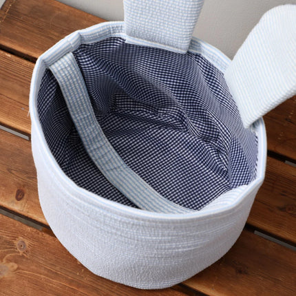 Seersucker Easter Basket With Bunny Ears Fully Plaid Lined Striped Egg Hunt Candy Gift Bag For Kids For Easter Decoration Candy
