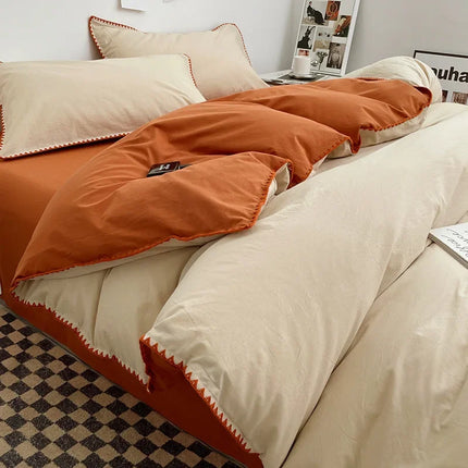 Ins Style Double Striped Bed 3-4 Pces Solid Washed Cotton Bedding with Sheets Pillowcases Skin Friendly Breathable Duvet Cover