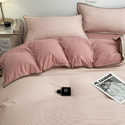 Ins Style Double Striped Bed 3-4 Pces Solid Washed Cotton Bedding with Sheets Pillowcases Skin Friendly Breathable Duvet Cover