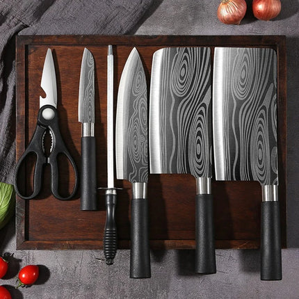Laser Damascus Pattern Kitchen Knives Scissors Sharpening Rod Set