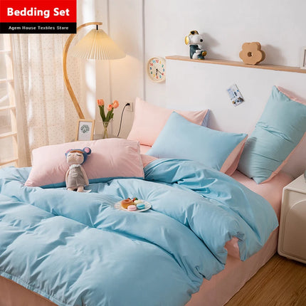 Home Textile Solid Color Duvet Cover Pillow Case Bed Sheet AB Side Quilt Cover Boy Kid Teen Girl Bedding Linens Set King Queen