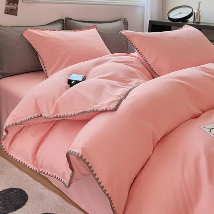 Ins Style Double Striped Bed 3-4 Pces Solid Washed Cotton Bedding with Sheets Pillowcases Skin Friendly Breathable Duvet Cover