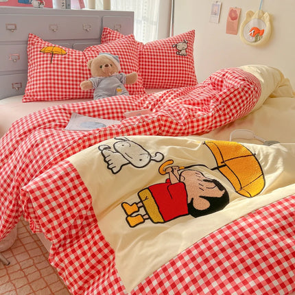 Cartoon embroidery Bedding set Plaid Duvet cover 100% Washed cotton 4pcs Bedding for Winter with Sheet Pillowcases Home Textiles