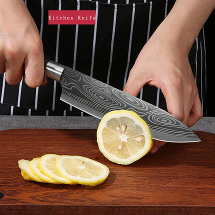 Laser Damascus Pattern Kitchen Knives Scissors Sharpening Rod Set