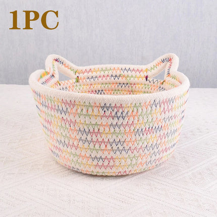 Cotton thread basket woven basket storage basket desktop storage home storage suppliesCat ears round storage basket