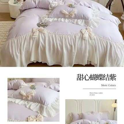 French Princess Style Bedding Sets Ruffle Lace Bow Quilt Cover Romantic Bedclothes Decor Woman Girls Bedroom Duvet Cover 4pcs