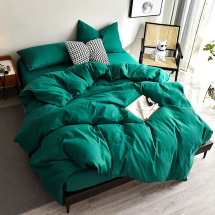 Bed Linen Bedding set Washed Cotton Four-Piece Bed Sheets Set Solid Color Green Simple Bed Quilt Cover Comforter Cover Duvet