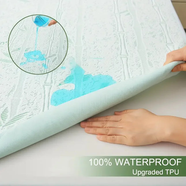 1Pc Cooling Bamboo Fiber Mattress Protector -Waterproof & Ultra-Soft Knit, Breathable Fitted Sheet with Blue Leaf Design