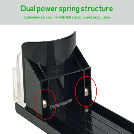 Drink Organizer Dispenser Spring Push Can Shelf Pusher Adjustable Width Soda Can Bottle Pusher E-shaped Glide for Kitchen Fridge