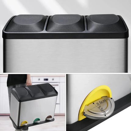 Garbage Can for Kitchen, Trash Can 3 Compartments, Stainless Steel, Recycle Bin with Soft-Close Lids, 3 x 8 /3x15L Plastic Inner