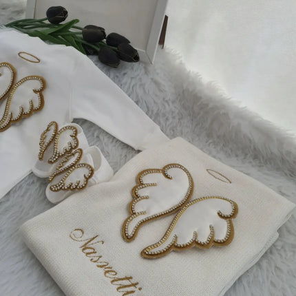 Dollbling Hospital Exit 5pcs Embroidery Name Newborn Angle Wings Romper Blanket  Nursery Bedding Swaddle Handmade Infant Outfit