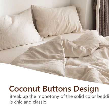 Simple&Opulence 100% Linen 3Pcs Bedding Set  Natural Flax Breathable King Size with Coconut Button Comforter Duvet Cover Set