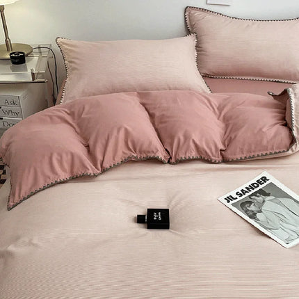 Ins Style Double Striped Bed 3-4 Pces Solid Washed Cotton Bedding with Sheets Pillowcases Skin Friendly Breathable Duvet Cover