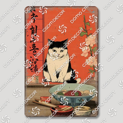 Cartoon Cat Japanese Food Plaque Tin Sign Retro Ramen Sushi Takoyaki Poster Metal Plates Bar Pub Restaurant Kitchen Wall Decor