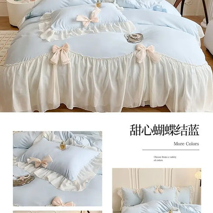 French Princess Style Bedding Sets Ruffle Lace Bow Quilt Cover Romantic Bedclothes Decor Woman Girls Bedroom Duvet Cover 4pcs