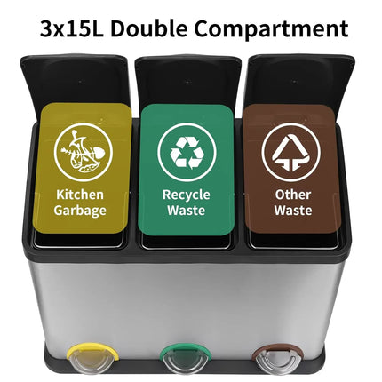 Garbage Can for Kitchen, Trash Can 3 Compartments, Stainless Steel, Recycle Bin with Soft-Close Lids, 3 x 8 /3x15L Plastic Inner