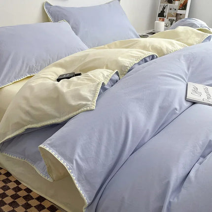 Ins Style Double Striped Bed 3-4 Pces Solid Washed Cotton Bedding with Sheets Pillowcases Skin Friendly Breathable Duvet Cover