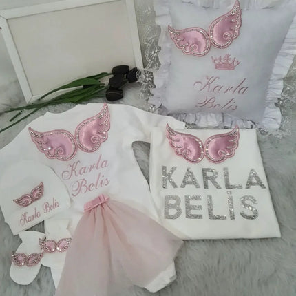Dollbling Hospital Exit 5pcs Embroidery Name Newborn Angle Wings Romper Blanket  Nursery Bedding Swaddle Handmade Infant Outfit