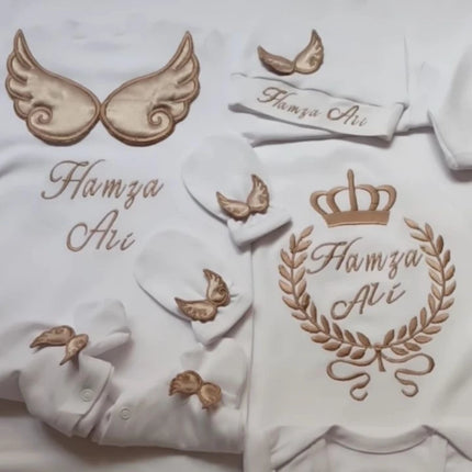 Dollbling Hospital Exit 5pcs Embroidery Name Newborn Angle Wings Romper Blanket  Nursery Bedding Swaddle Handmade Infant Outfit