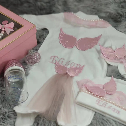 Dollbling Hospital Exit 5pcs Embroidery Name Newborn Angle Wings Romper Blanket  Nursery Bedding Swaddle Handmade Infant Outfit