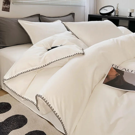 Ins Style Double Striped Bed 3-4 Pces Solid Washed Cotton Bedding with Sheets Pillowcases Skin Friendly Breathable Duvet Cover