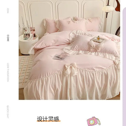 French Princess Style Bedding Sets Ruffle Lace Bow Quilt Cover Romantic Bedclothes Decor Woman Girls Bedroom Duvet Cover 4pcs